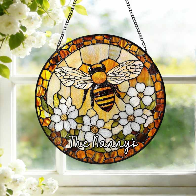 Custom Bee Stained Glass Suncatcher Window Hangings Bumble Bee Honeybee Bee Garden Art Mother's Day Gift Grandma Bee Gift