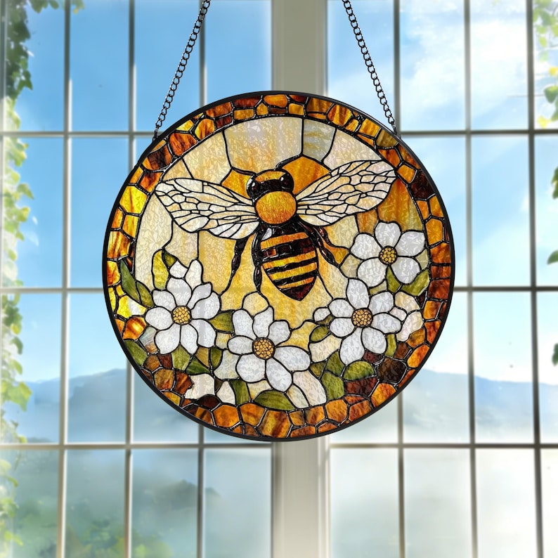 Custom Bee Stained Glass Suncatcher Window Hangings Bumble Bee Honeybee Bee Garden Art Mother's Day Gift Grandma Bee Gift