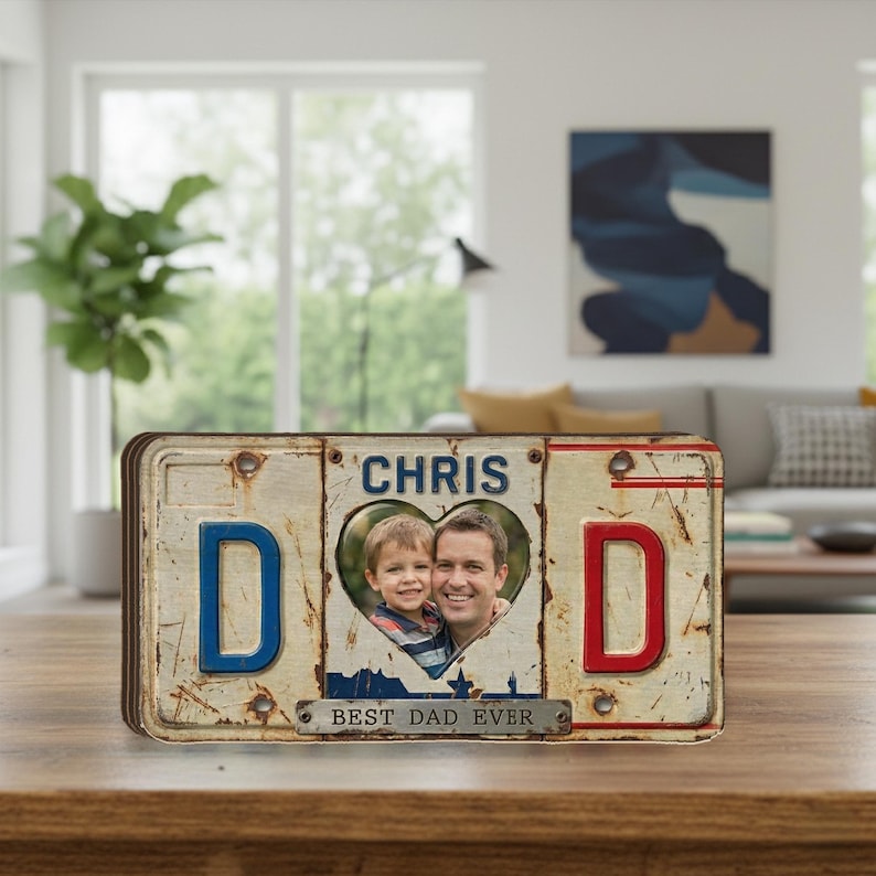 Personalized Wooden Block: Vintage License Plate Design, Dad Gift