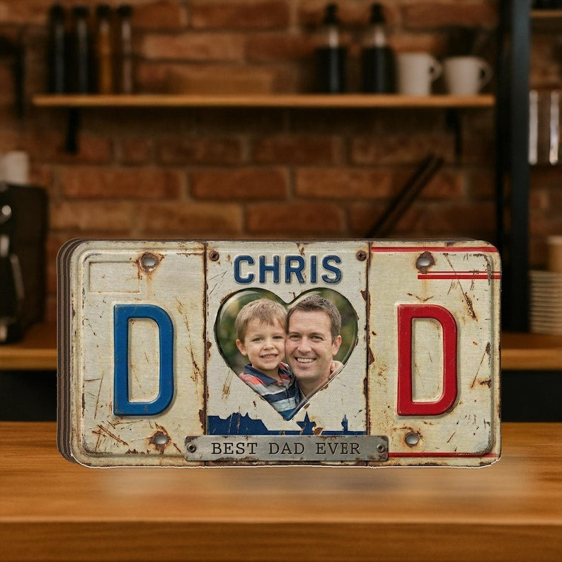Personalized Wooden Block: Vintage License Plate Design, Dad Gift