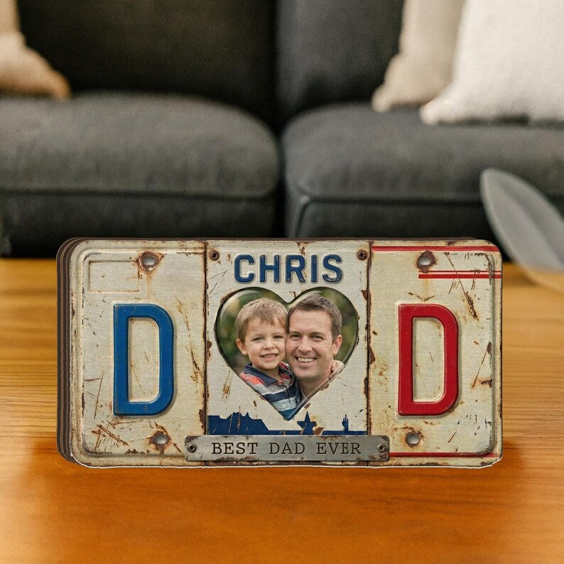 Personalized Wooden Block: Vintage License Plate Design, Dad Gift