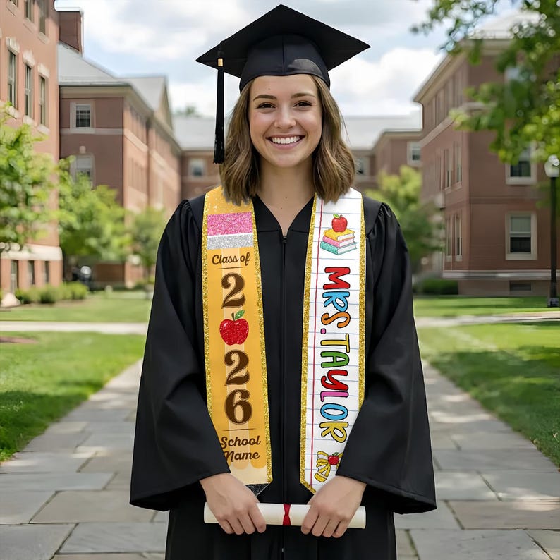 Custom Teachers Graduation Stole Class Of 2026, Teacher Graduation Stole 2026, Teacher Stole, Pencil Stole Graduation, Sash For Teacher