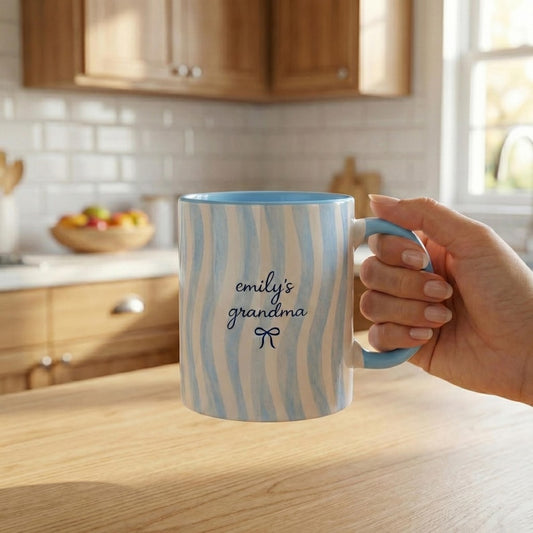Custom Coquette Stripe Ceramic Mug: Personalized Grandma Coffee Striped Name Mug