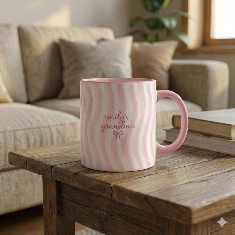 Custom Coquette Stripe Ceramic Mug: Personalized Grandma Coffee Striped Name Mug