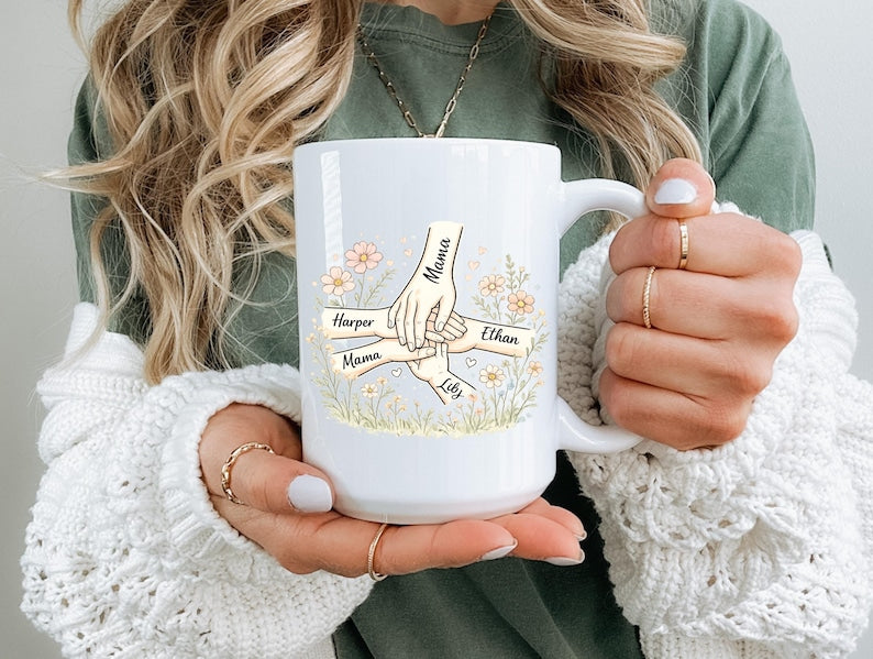 Personalized Mama And Kids Hands Coffee Mug Gift Custom Name Family Love Cup Mothers Day Birthday Present For Mom