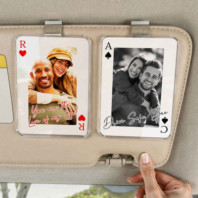 Personalized Couple Photo Car Visor Clip, Drive Safe I Love You, Valentines Gift for Him, Couple Playing Card Visor Clip Gifts for Boyfriend