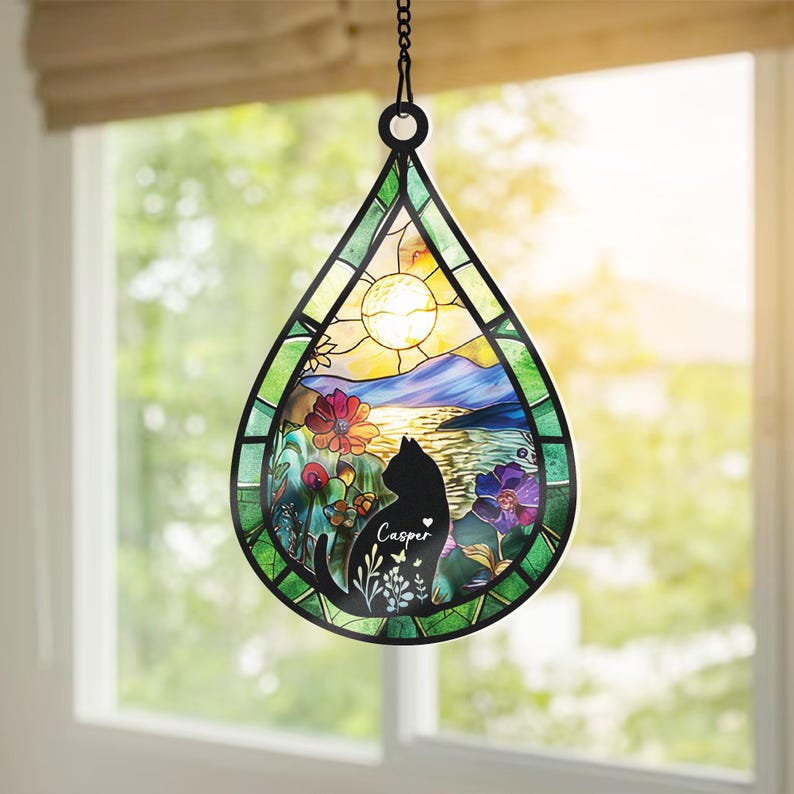 Custom Cat Memorial Acrylic Suncatcher With Name And Date, Personalized Teardrop Dog Memorial Suncatcher , Engraved Cat Lovers Gifts, Cat Loss Gift