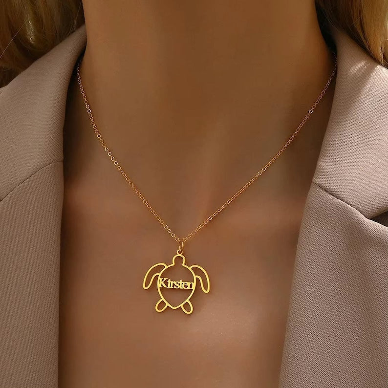 Personalized Dainty Turtle Name Necklace Custom Sea Turtle Jewelry Unique Gift for Turtle Lovers Gold/Rose Gold/Silver, gift for her