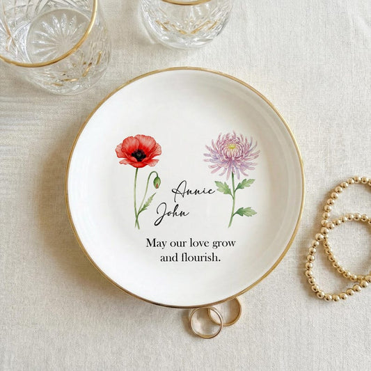 Personalised Birth Flower Trinket Dish/ Custom Flower Ring Dish/ Couple Gifts/ Wedding Bridesmaid Gift/ Birthday Jewelry Dish, Couple Dish