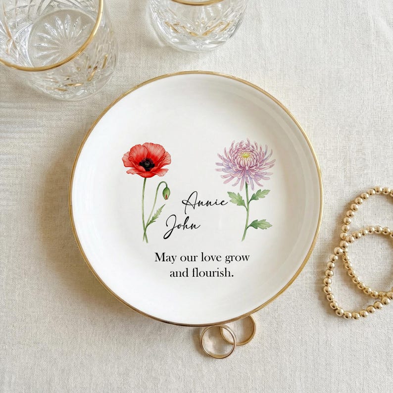 Personalised Birth Flower Trinket Dish/ Custom Flower Ring Dish/ Couple Gifts/ Wedding Bridesmaid Gift/ Birthday Jewelry Dish, Couple Dish