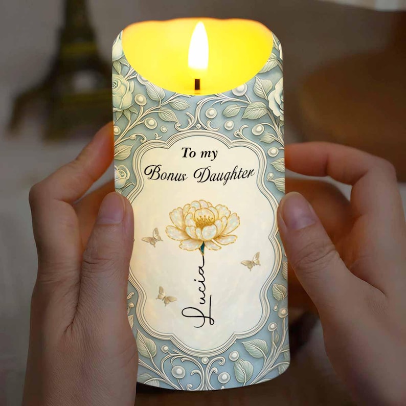 Personalized To My Bonus Daughter LED Candle, Custom Birth Flower Decor Gift For Daughter-In-Law From Mom Family, Birthday Keepsake Gift
