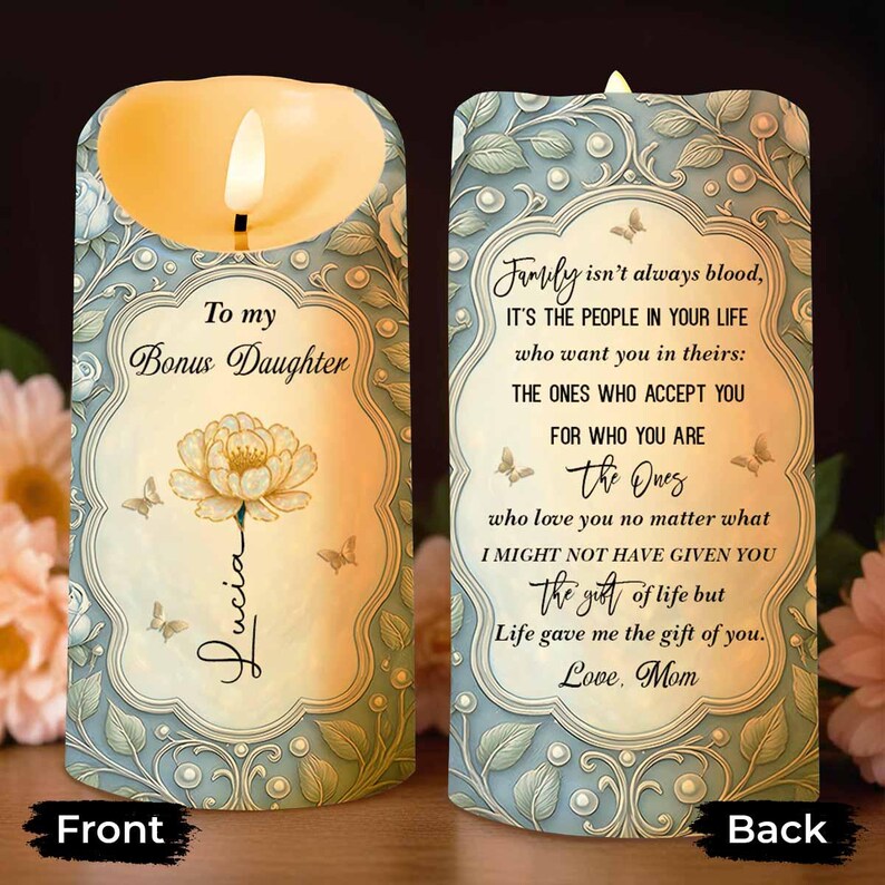 Personalized To My Bonus Daughter LED Candle, Custom Birth Flower Decor Gift For Daughter-In-Law From Mom Family, Birthday Keepsake Gift