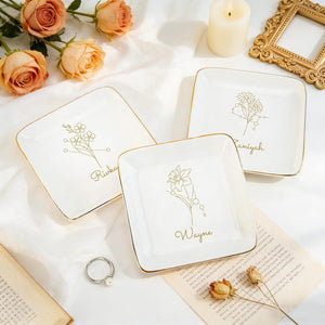 Personalized Zodiac Sign Jewelry Dish with Birth Flower, Birthday Gift for Friend, Floral Ring Dish with Constellation, Bridesmaid Wedding