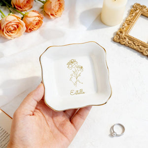 Personalized Zodiac Sign Jewelry Dish with Birth Flower, Birthday Gift for Friend, Floral Ring Dish with Constellation, Bridesmaid Wedding