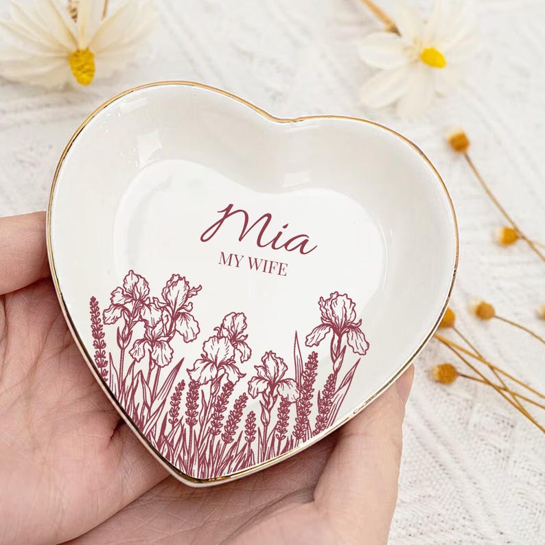 Personalized Flower Garden Jewelry Dish with Name, Custom Floral Trinket Tray Gift for Mom, Sister, Daughter or Best Friend