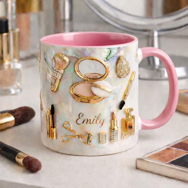 Personalized Makeup Lover Mug, Custom Name Beauty Coffee Cup, Luxury Gold Cosmetics Mug, Glam Feminine Mug Gift for Her