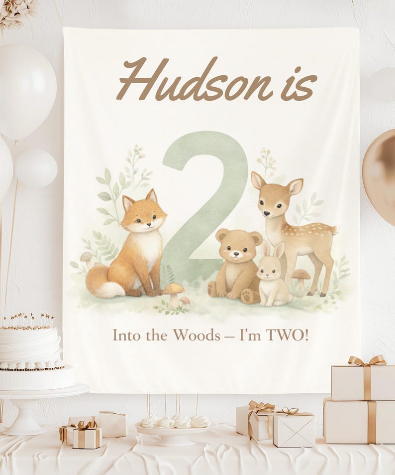 Woodland 2nd Birthday Banner, Into the Woods I m Two Sign, Forest Animal Birthday Backdrop, Personalized Second Birthday Decor