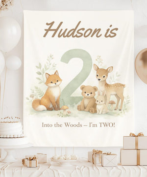 Woodland 2nd Birthday Banner, Into the Woods I m Two Sign, Forest Animal Birthday Backdrop, Personalized Second Birthday Decor