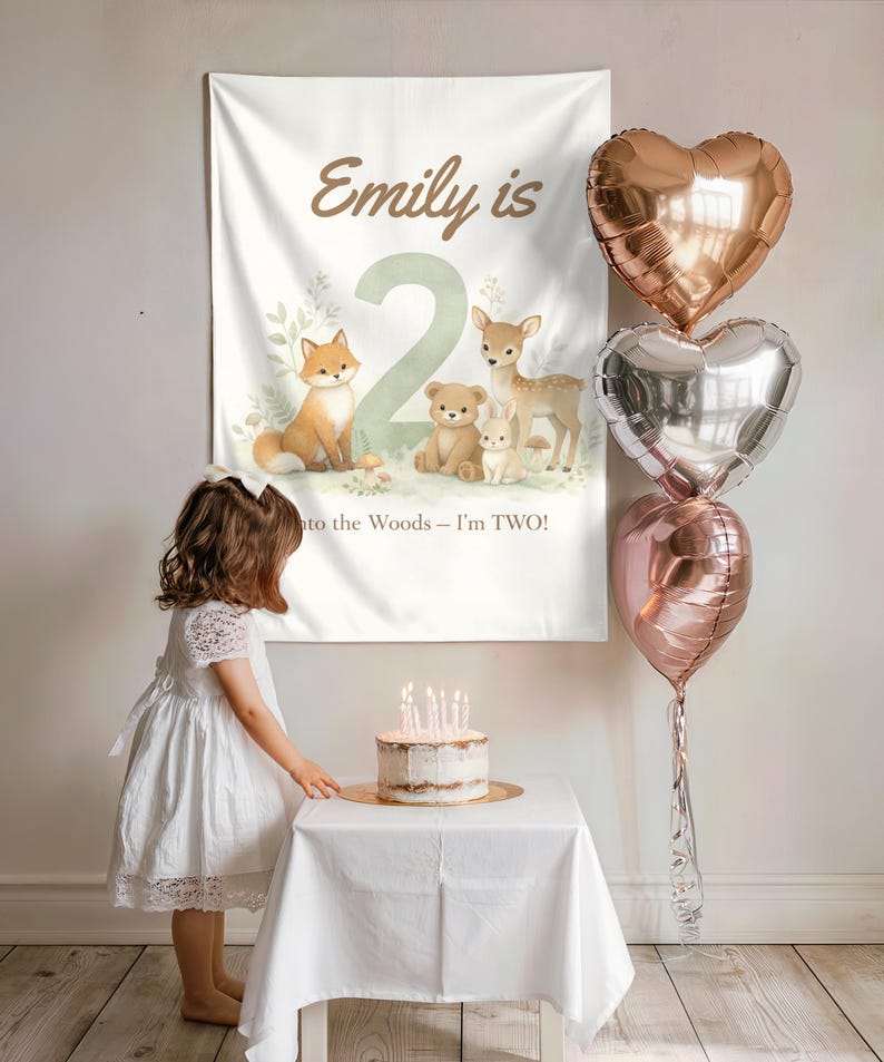 Woodland 2nd Birthday Banner, Into the Woods I m Two Sign, Forest Animal Birthday Backdrop, Personalized Second Birthday Decor
