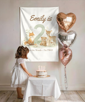 Woodland 2nd Birthday Banner, Into the Woods I m Two Sign, Forest Animal Birthday Backdrop, Personalized Second Birthday Decor