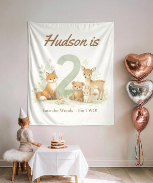 Woodland 2nd Birthday Banner, Into the Woods I m Two Sign, Forest Animal Birthday Backdrop, Personalized Second Birthday Decor