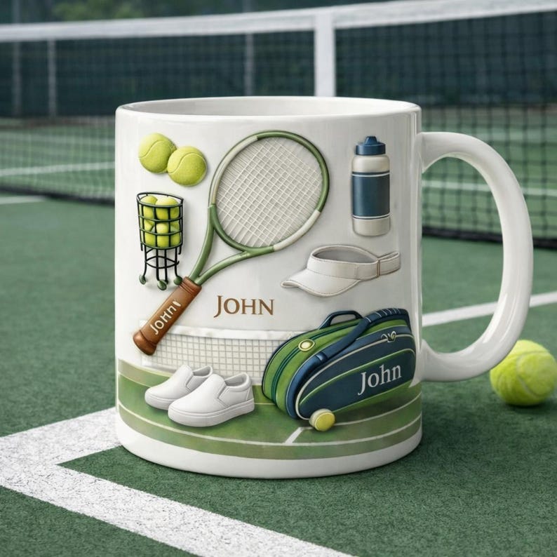 Personalized Tennis Ceramic Mug, Custom Name Sports Coffee Cup, Tennis Player Gift