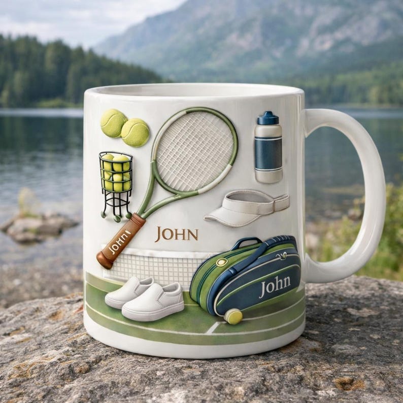 Personalized Tennis Ceramic Mug, Custom Name Sports Coffee Cup, Tennis Player Gift