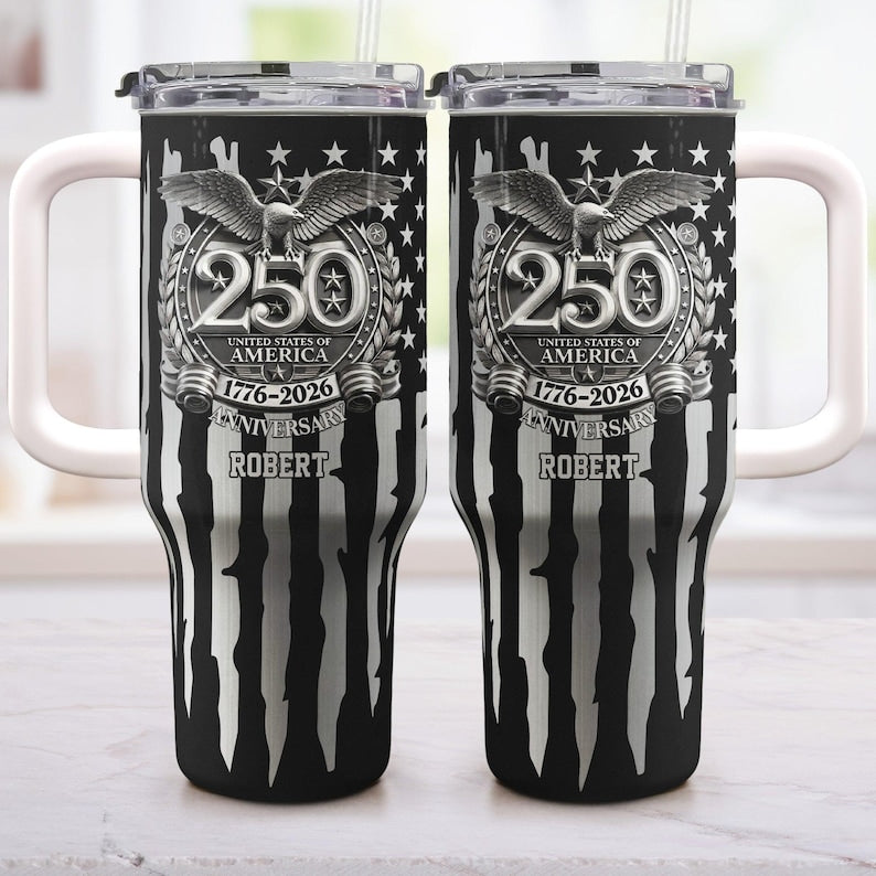 USA 250th Anniversary Gift For Him, Personalized 40oz Tumbler With Straw, Custom Name America 250 Drinkware, 1776-2026 Independence Day Cup