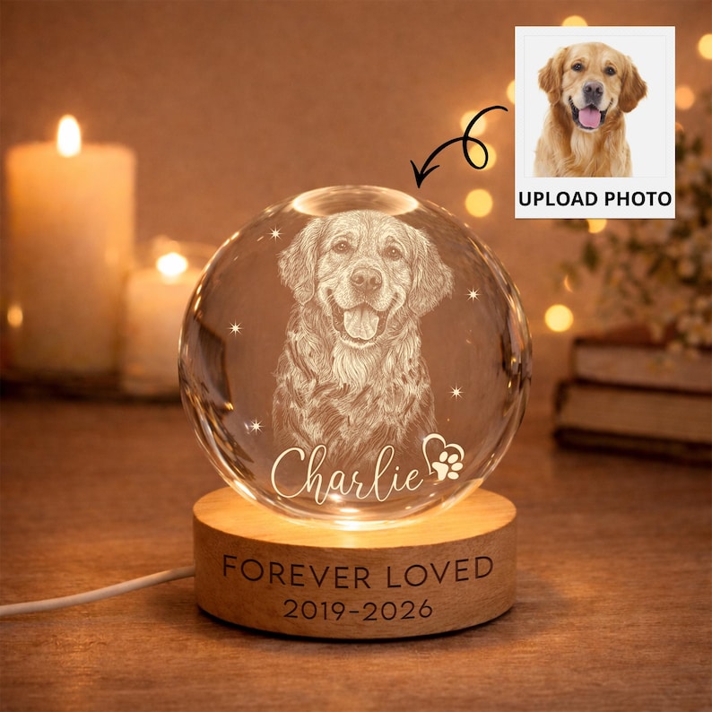 Personalized Pet Memorial Night Light, Pet Portrait Crystal Ball Night Light, Photo Crystal Light, Pet Loss, Pet Memorial Gift for Dog, Cat