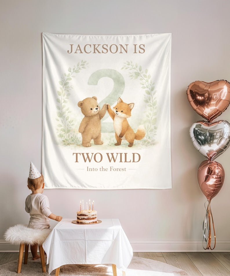 Two Wild Birthday Banner, Woodland 2nd Birthday Backdrop, Bear Fox Forest Birthday Banner, Two Wild Into the Forest, Second Birthday Party