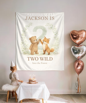 Two Wild Birthday Banner, Woodland 2nd Birthday Backdrop, Bear Fox Forest Birthday Banner, Two Wild Into the Forest, Second Birthday Party