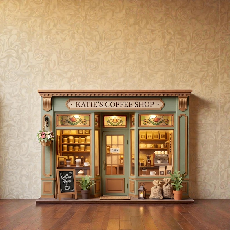 Personalized Coffee Shop Wooden Block, Custom Shopfront Wooden Decor, Mini Coffee Shop Sign, Cottagecore Kitchen Shelf Decor