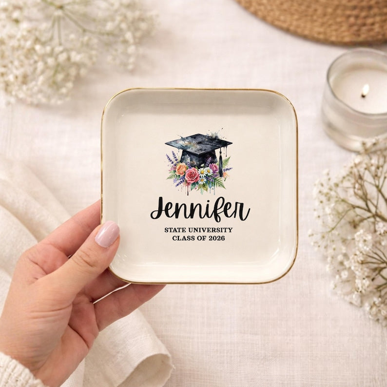 Personalized Graduation Trinket Dish, Custom School Ring Dish, Class of 2026 Gift, College Graduation Gift for Her, Masters Degree Ring Dish