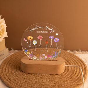 Personalised Grandma's Garden Night Light, Birth Flower Acrylic Plaque With Stand, Grandma Gift With Grandkids Name, Mother's Day Gift For Nana