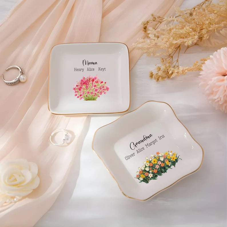 Mother s Day Gift for Mom, Personalized Ceramic Ring Dish, Wildflower Jewelry Holder