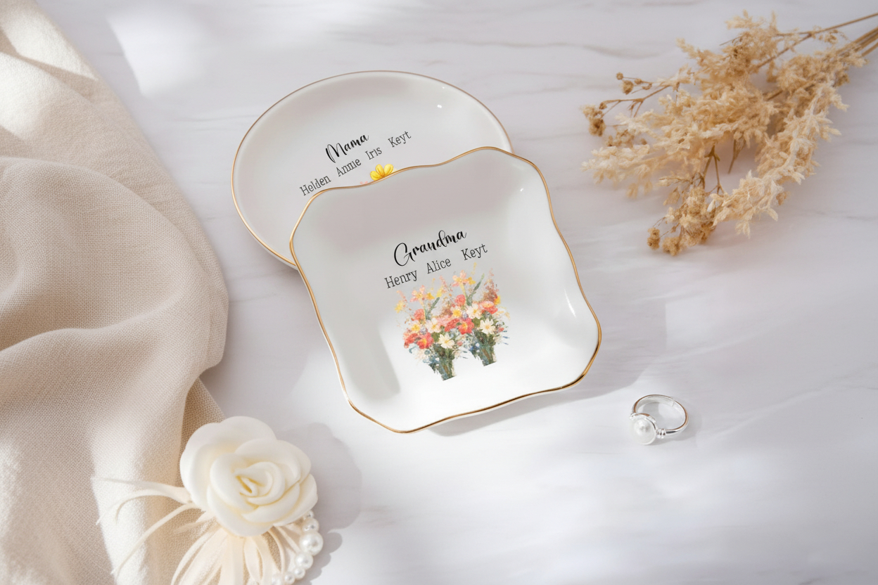 Mother s Day Gift for Mom, Personalized Ceramic Ring Dish, Wildflower Jewelry Holder