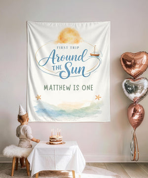 First Trip Around the Sun Backdrop, One Year Old Birthday Tapestry, Nautical Sailboat 1st Birthday Banner, Custom Name Sign