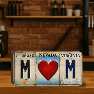 Custom License Plate Style Wooden Blocks State Letters Home Shelf Decor, Gift For Mom, Mother License Plate
