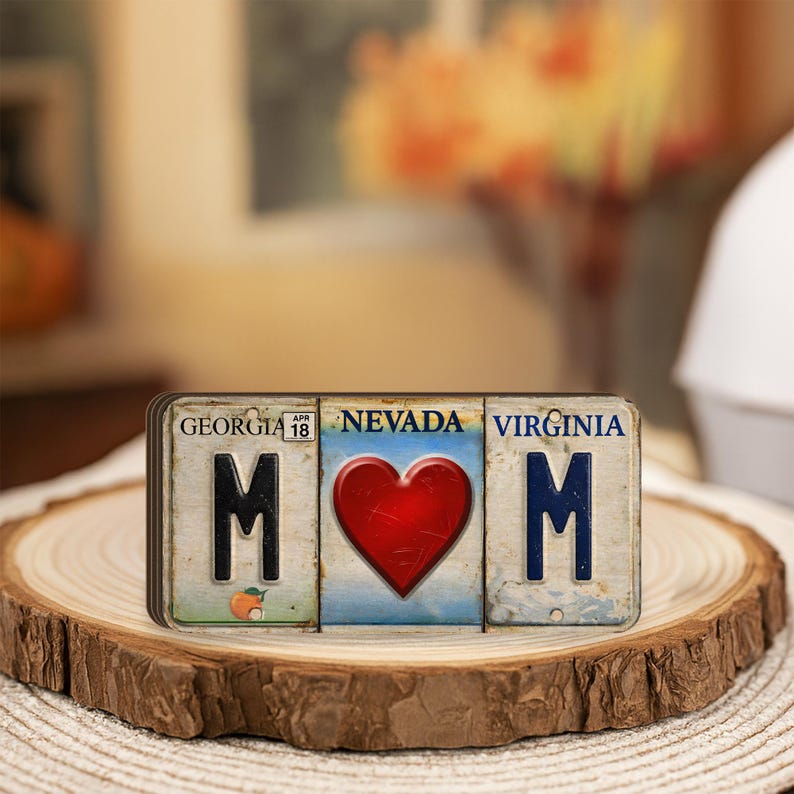 Custom License Plate Style Wooden Blocks State Letters Home Shelf Decor, Gift For Mom, Mother License Plate