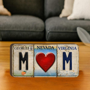 Custom License Plate Style Wooden Blocks State Letters Home Shelf Decor, Gift For Mom, Mother License Plate