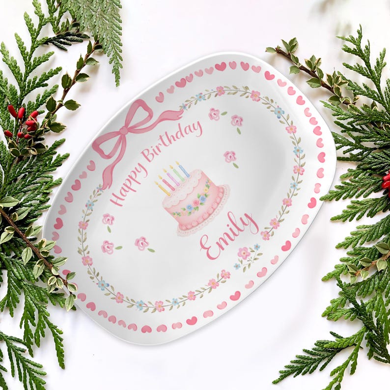 Personalized Birthday Plate For Girl, Custom Name Ceramic Cake Platter, Pink Birthday Gift