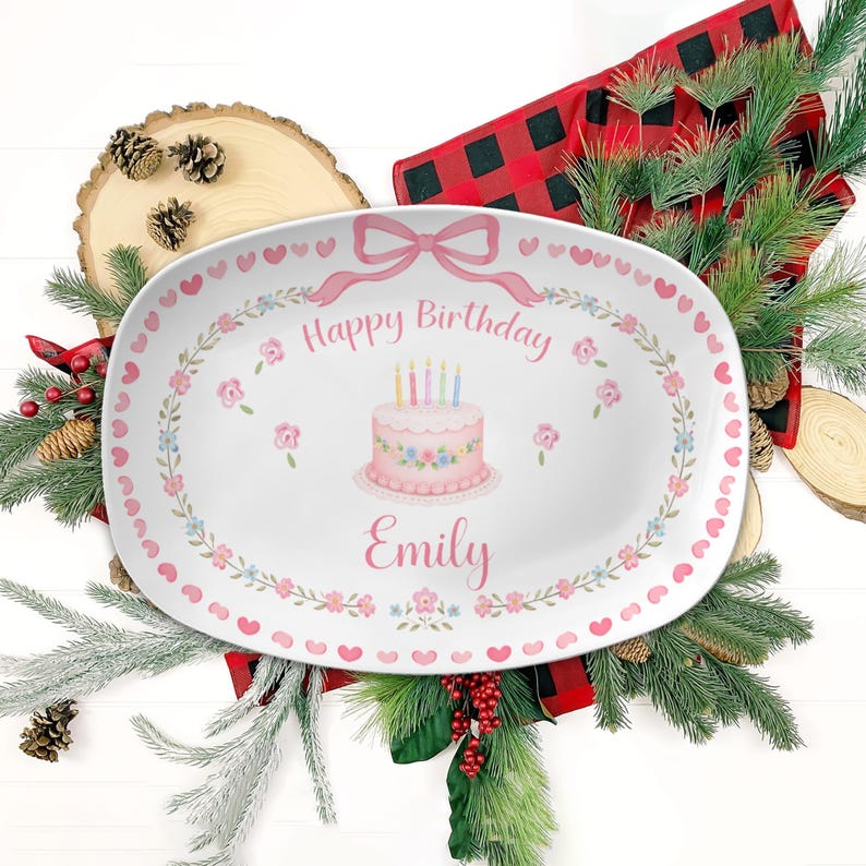 Personalized Birthday Plate For Girl, Custom Name Ceramic Cake Platter, Pink Birthday Gift