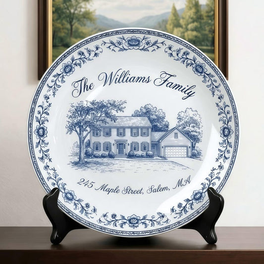 Personalized House Portrait Platter Custom Home Address Plate, Cottage Style Ceramic Decor, New Home Housewarming Gift