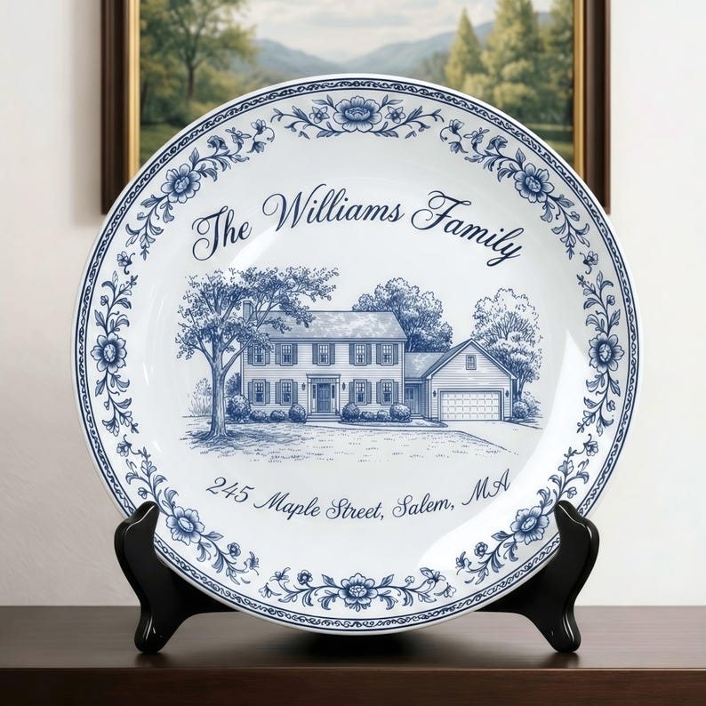 Personalized House Portrait Platter Custom Home Address Plate, Cottage Style Ceramic Decor, New Home Housewarming Gift