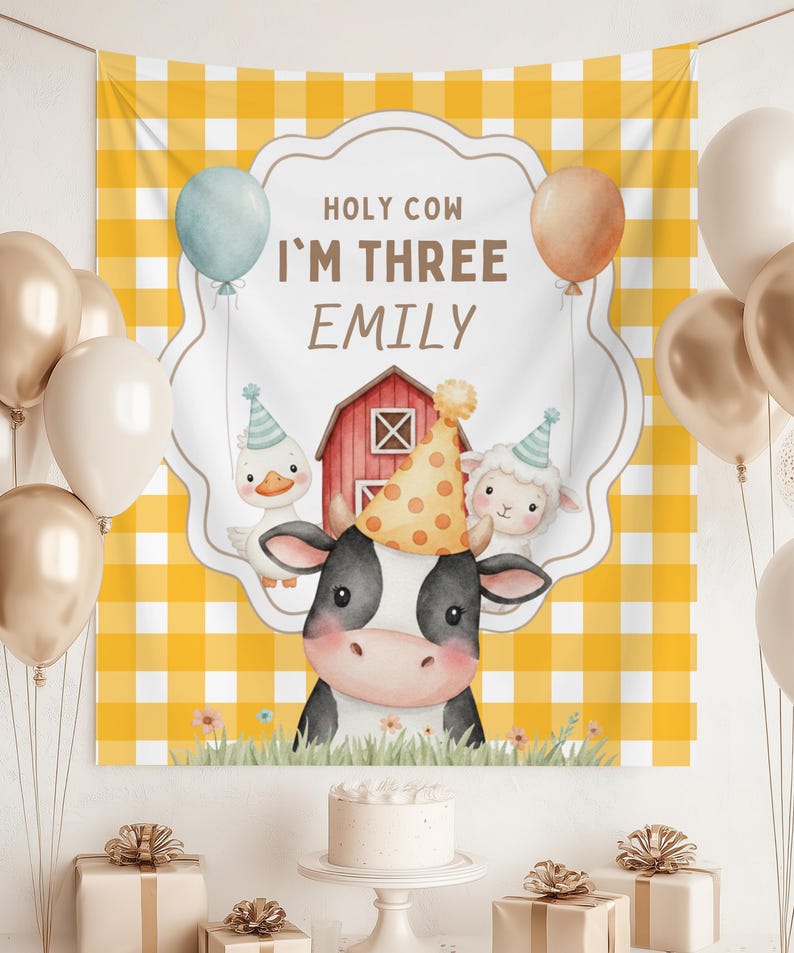 Holy Cow Farm Birthday Backdrop, Personalized Cow Birthday Tapestry, Pink Gingham Barnyard Party Banner, Custom Name & Age Decor