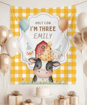 Holy Cow Farm Birthday Backdrop, Personalized Cow Birthday Tapestry, Pink Gingham Barnyard Party Banner, Custom Name & Age Decor
