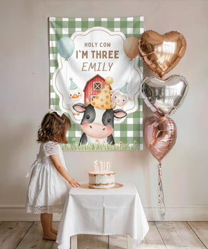 Holy Cow Farm Birthday Backdrop, Personalized Cow Birthday Tapestry, Pink Gingham Barnyard Party Banner, Custom Name & Age Decor