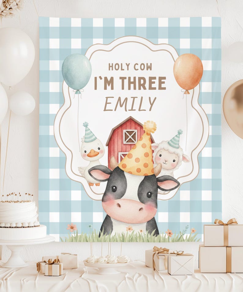 Holy Cow Farm Birthday Backdrop, Personalized Cow Birthday Tapestry, Pink Gingham Barnyard Party Banner, Custom Name & Age Decor