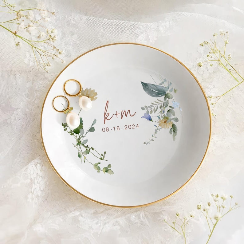 Personalized Wedding Jewelry Dish, Custom Name and Date Plate, Floral Design Keepsake, Engagement or Anniversary Gift for Couple