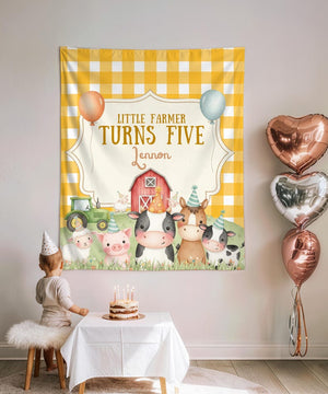 Little Farmer Birthday Backdrop, Personalized Farm Birthday Tapestry, Yellow Gingham Barnyard Party Banner, Custom Name & Age Party Decor